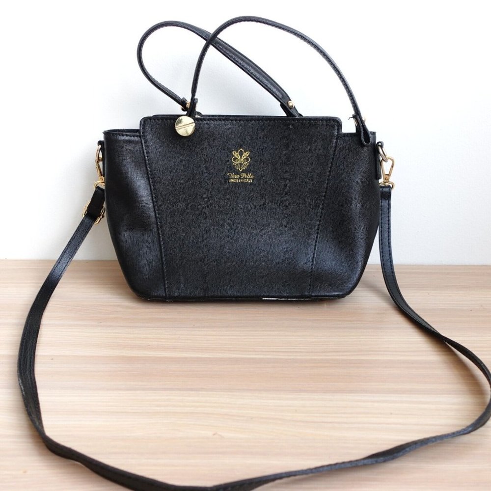 Vera Pelle Bag Women Leather Crossbody Shoulder Sling Double Handles Black ITALY